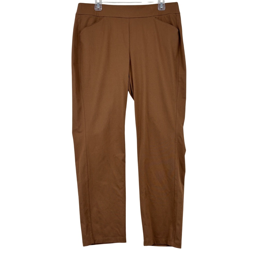 Chico's Travelers Pull On Pants Women Size 12R Brown Stretch Straight Leg Pocket